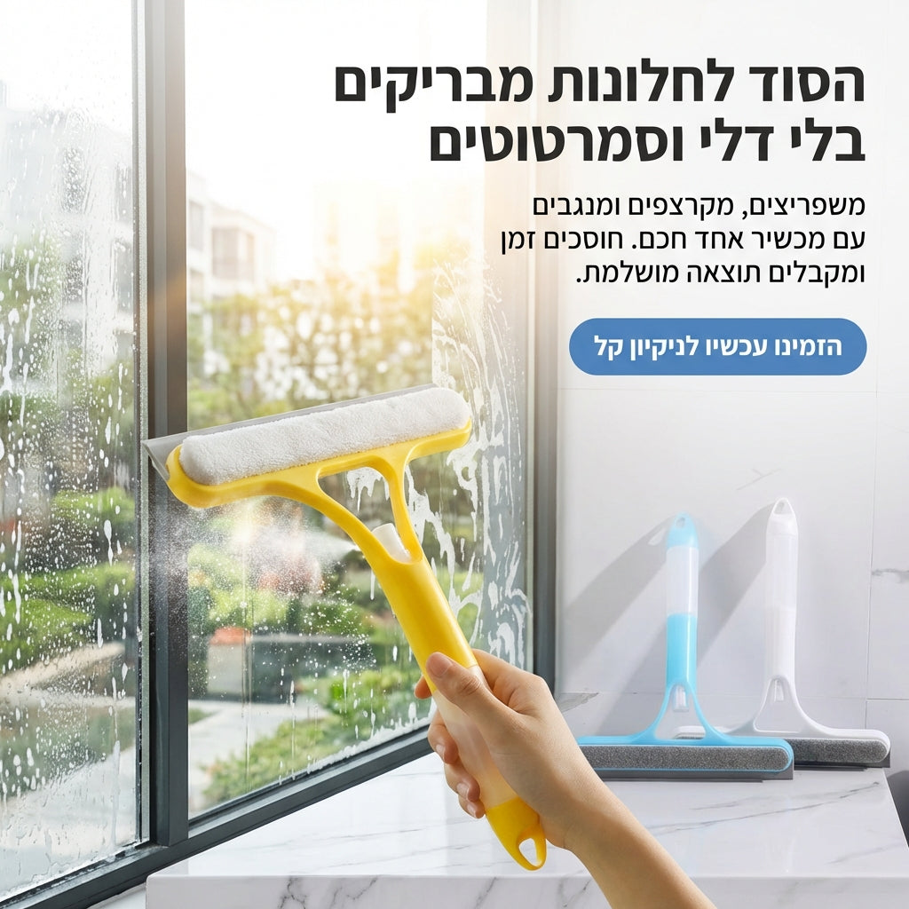 "ניקוי חלונות מעולם לא היה קל יותר!" מגב הפלא 3 ב-1.